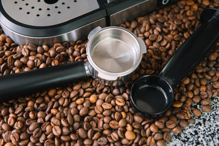 Coffee horn, filter holder and coffee mashine against a background of beans