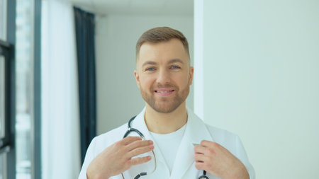 Successful physician in white lab coat looks at the camera and smiles in hospital officeの写真素材