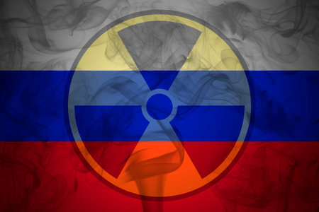 Radiation sign on the background of flag of Russia. The risk of nuclear war and radiation pollution