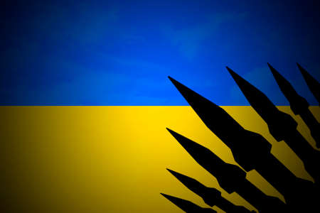 Silhouettes of rocket on the ukainian flag. Russian-Ukrainian crisis, conflictの写真素材