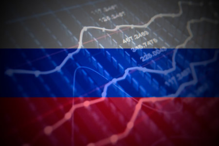 Russia flag and stock chart. Stock market drops, financial crisis in Russia. Stock market exchange loss trading graph analysis investment business graph charts financialの写真素材