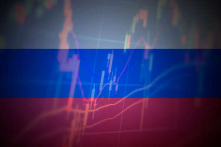 Russia flag and stock chart. Stock market drops, financial crisis in Russia. Stock market exchange loss trading graph analysis investment business graph charts financialの写真素材