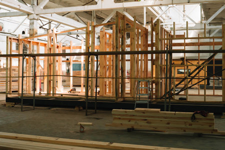 The frame of the new modular house. Construction of new and modern prefabricated modular house from composite wood panelsの写真素材