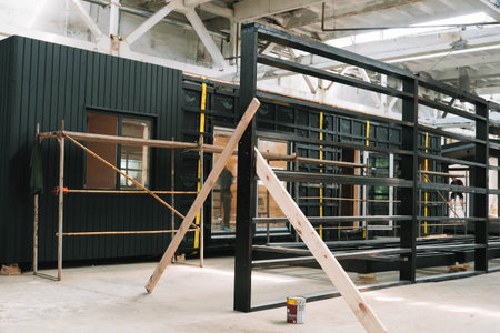 Exhibition of new and modern prefabricated modular house from composite wood panels. Energy efficient panel assemblingの写真素材