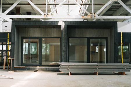 A new wooden modular prefabricated house inside in manufacturing facilityの写真素材