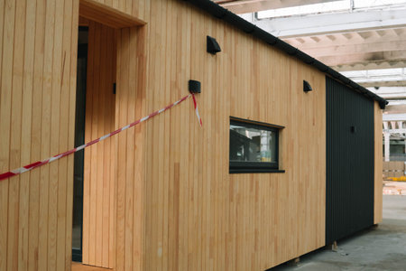A new wooden modular prefabricated house inside in manufacturing facilityの写真素材
