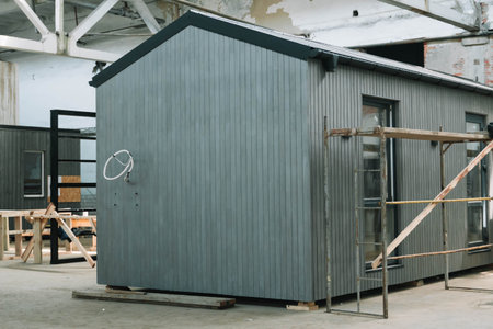 Newly built single storey prefabricated modular building. Prefabricated mobile wooden house at construction siteの写真素材
