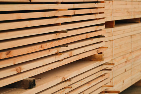 Wooden boards, lumber, industrial wood, timber. Pine wood timberの写真素材