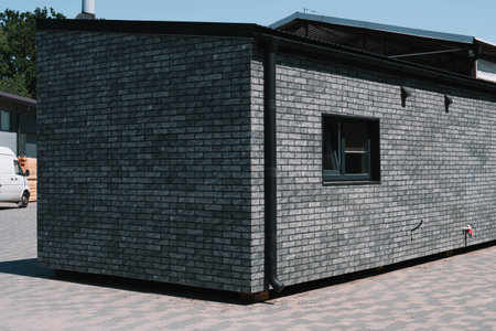 Exhibition of new and modern prefabricated modular house from composite wood panels. Energy efficient panel assemblingの写真素材