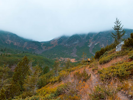 Tourist walking on mountain trail. Healthy lifestyle hiker people going in mountainsの写真素材