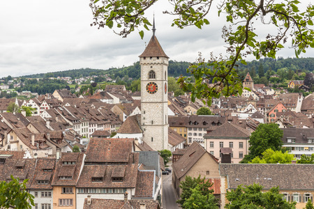 View of Schaffhausen old town from the Munot fortress on a clooudy day, Schaffhausen, Switzerlandのeditorial素材