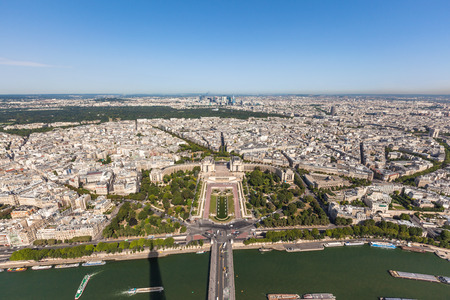 Wide angle aerial view of Paris on Eiffel Tower in direction of Trocadero garden, Paris, Franceのeditorial素材