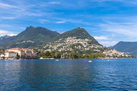 iew of Lugano lake and the mountain Lago di Lugano, Switzerlandの写真素材