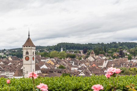 View of Schaffhausen old town from the garden on a clooudy day, Schaffhausen, Switzerlandのeditorial素材