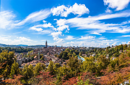 Panorama view of Berne old town from mountain top in rose gardenの写真素材