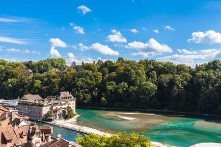 View of the Aare river flowing through the Berne old town, Switzerland
