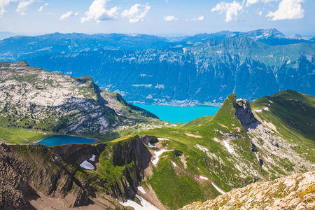 Panorama view of Brienz Lake and Alps on top of Faulhorn, Switzerlandの写真素材