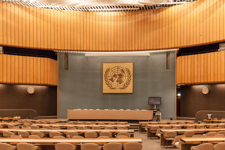 Geneva, Switzerland - August 23, 2014 - Conference room XIX in United Nations office (UNOG) in...