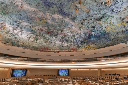 Geneva, Switzerland - August 23, 2014 - Human Rights and Alliance of Civilizations Room in UN Geneva used by the United Nations Human Rights Council with ceiling sculpture by the prominent contemporary Spanish artist Miquel Barcelo,のeditorial素材