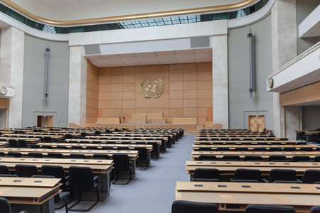 Geneva, Switzerland - August 23, 2014 - The assembly hall in United Nations office (UNOG) in Geneva, Switzerland. The Assembly Hall is used for big meetings such as the World Health Assembly.のeditorial素材