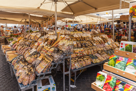 Rome, Italy - July 15, 2013 - Italian pasta on sale at outdoor market. On the Campo de Fiori square in central Rome.のeditorial素材