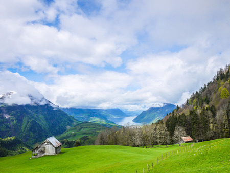 View of Lucerne Lake and alps in Kanton Schwyz Switzerlandの写真素材