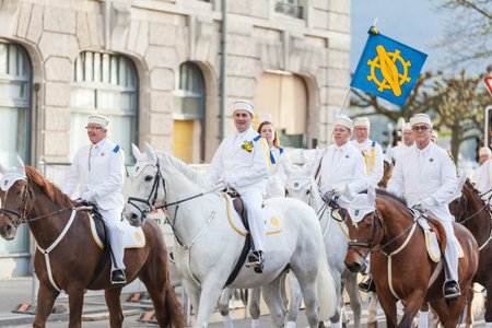 Zurich Switzerland  April 13 2015  People in traditional costumes riding on horses at the...
