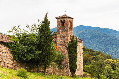 Old church on the hiking path on the mountain San Salvatore near Lugano, Canton of Ticino, Switzerlandの写真素材