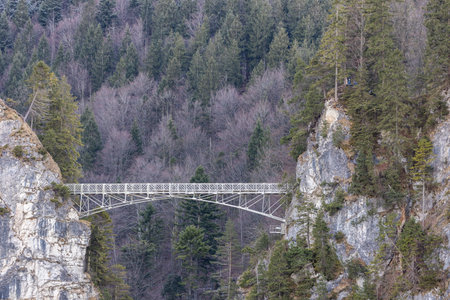 Stunning close view of the Maryâs Bridge (Marienbruecke) over the Pollat (Poellat) gerge near the famous Neuschwanstein Castle in winter, Bavaria, Germanyの写真素材