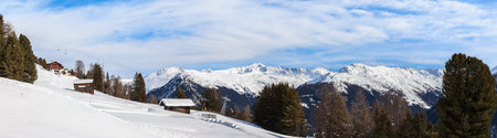Panorama view of the alps from Schatzalp in winter on a sunny day, Davos, Canton of Grisons,...