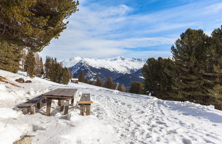 Beautiful view of the alps from Schatzalp in winter on a sunny day, Davos, Canton of Grisons,...