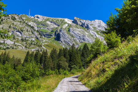 Stunning view of the peak Santis (Saentis) on the hiking path from the valley, Canton of Appenzell, Switzerlandの写真素材