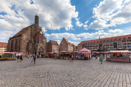 Nuremberg, Germany - September 2, 2016 - View of the Hauptmarkt with the Frauenkirche church and the marketplace in Nuremberg, Bavaria, Germany.のeditorial素材