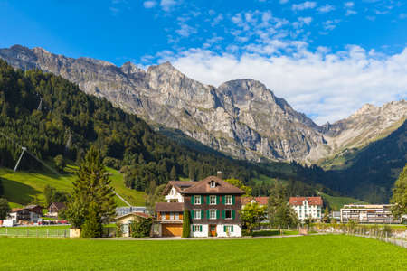 Panaroma view of the Alps in the valley of Engelberg on a summer morning, canton of Obwalden, Switzerland.の写真素材