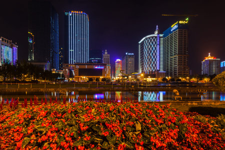 Chengdu, China - August 14, 2015 -Night view of the Tianfu Square and skyscrapers in the city center...