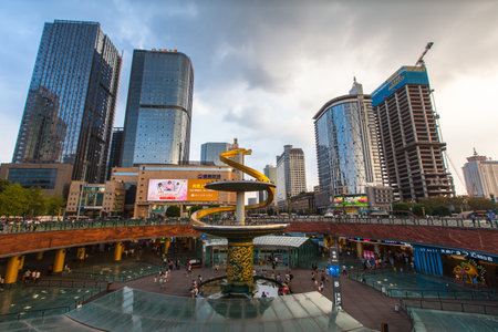Chengdu, China - August 15, 2015 - Tianfu square in the city center of Chengdu, the capital of...