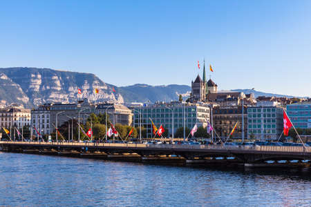 Geneva, Switzerland - September 9, 2015 - Cityscape of Geneva at the lake side, Switzerland.のeditorial素材