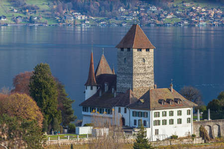 Idyllic view of Spiez Castle with Lake Thun (Thunersee) in background on a sunny autumn day, a Swiss heritage site of national significance on Bernese Oberland, Canton of Bern, Switzerlandのeditorial素材