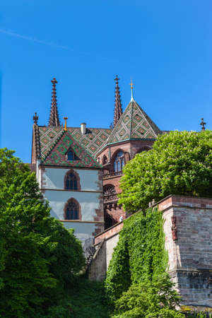 View of the Basel Minster Basel Minster (Basler Munster) cathedral from the boad on Rhine river, Basel, Switzerlandの写真素材