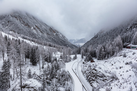 Beautiful view of swiss alps in winter on the famous sightseeing train glacier express, Switzerland.