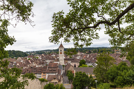 Aerial panorama view of old town cityscape of Schaffhausen from the Munot fortification in summer on...