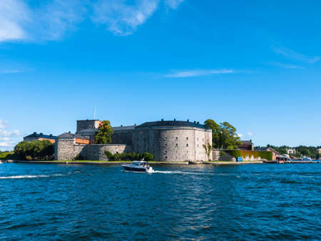 Beautiful view of the Vaxholm Castle and the Baltic sea on a sunny summer day in the Vaxholm Municipality, Stockholm County, Swedenのeditorial素材