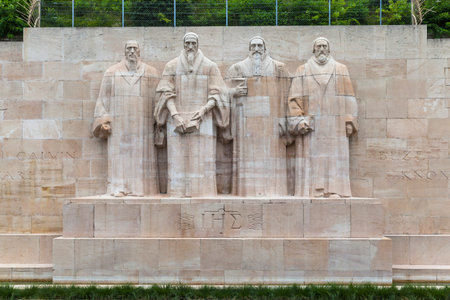 Sculptures of four Calvinism's main proponents at center of Refomation Wall, Parc Des Bastions,...
