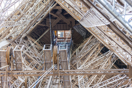 Detail view of the iron frame of Eiffel Tower in Paris, France