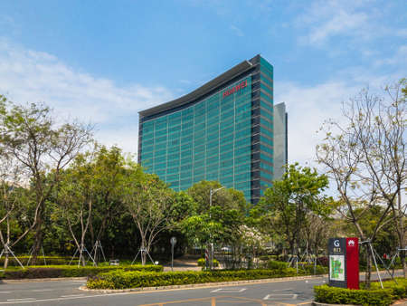 Shenzhen, China - March 25, 2018 - Skyscraper of the R&D building of Huawei Headquarters in Longgang District of Shenzhen city, Guangdong Province, China. A multinational networking and telecommunications equipment and services company.のeditorial素材
