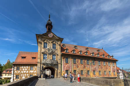 Beautiful  view of the historical old town hall across the Regnitz river on a sunny day in Bamberg, Upper Franconia area, Bavaria, Germanyのeditorial素材