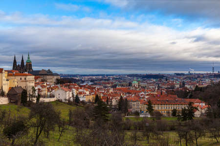 Panorama aerial view of Prague cityscape and skyline with Prague Castle and St. Vitus Cathedral in Mala Strana old town from Petrin Hill on the day with blue sky cloud, Czech Republic.のeditorial素材