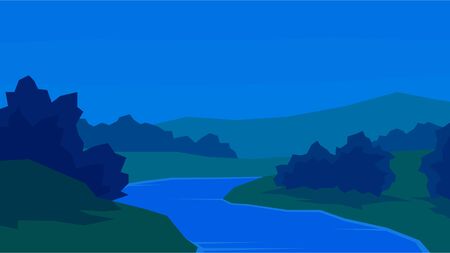 vector illustration abstract evening landscape river bush forest hillのイラスト素材