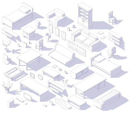 set of isometric low poly outline furniture couch armchair chair table desk shelf plant lamp locker rack book computer clock vector illustrationのイラスト素材