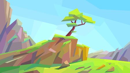 low poly landscape tree rock cliff mountain vector illustrationのイラスト素材
